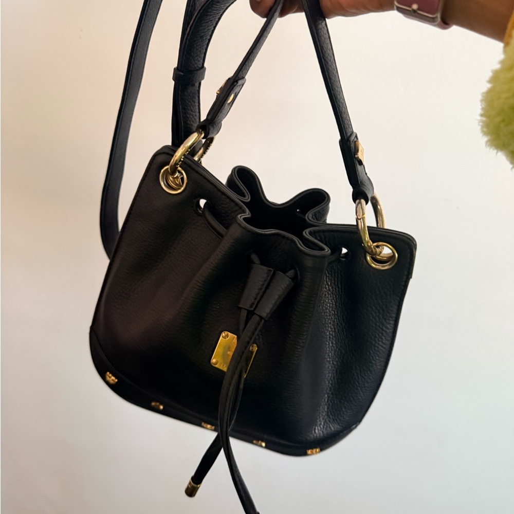 MCM Black Leather Drawstring Crossbody Bag with Gold Hardware - Picture 6 of 14